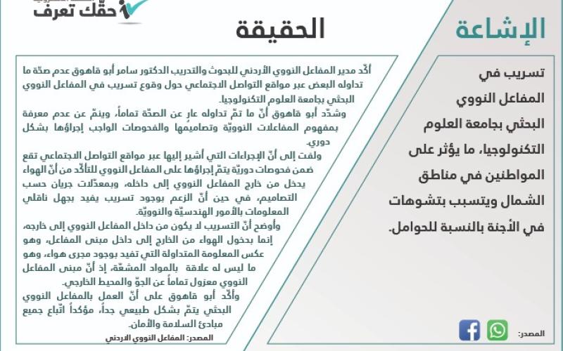 لا حقيقة ما حقيقة لتسرب في المفاعل النووي بجامعة العلوم والتكنولوجيا