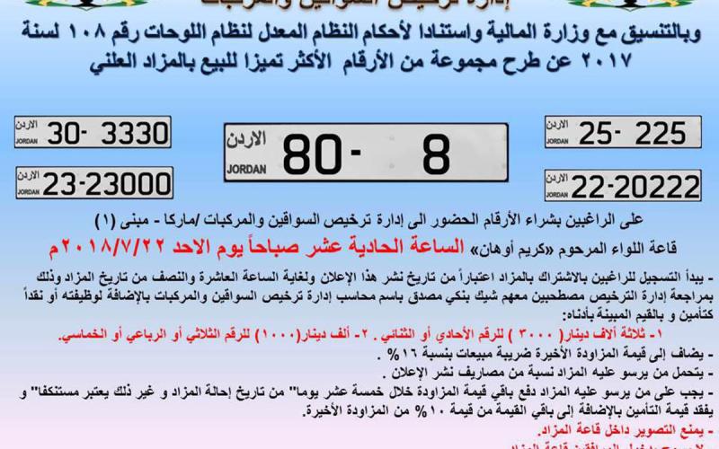 "الترخيص" تعلن بيع أرقام اللوحات الأكثر تميزا في 22 الحالي