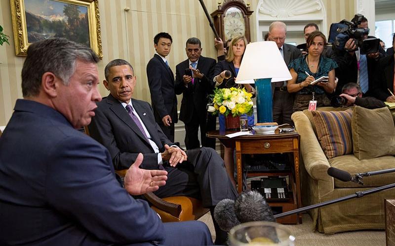 President Obama and King Abdullah II make statements to the press prior to a bilateral meeting, in the Oval Office, April 26, 2013. (Official White House Photo by Pete Souza)